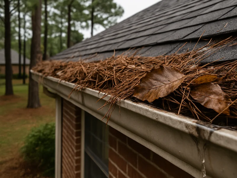 Clogged gutter full of pine straw and leaves before cleaning near Dothan, AL