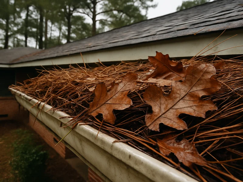 Clogged gutter full of pine straw before cleaning in Dothan, AL