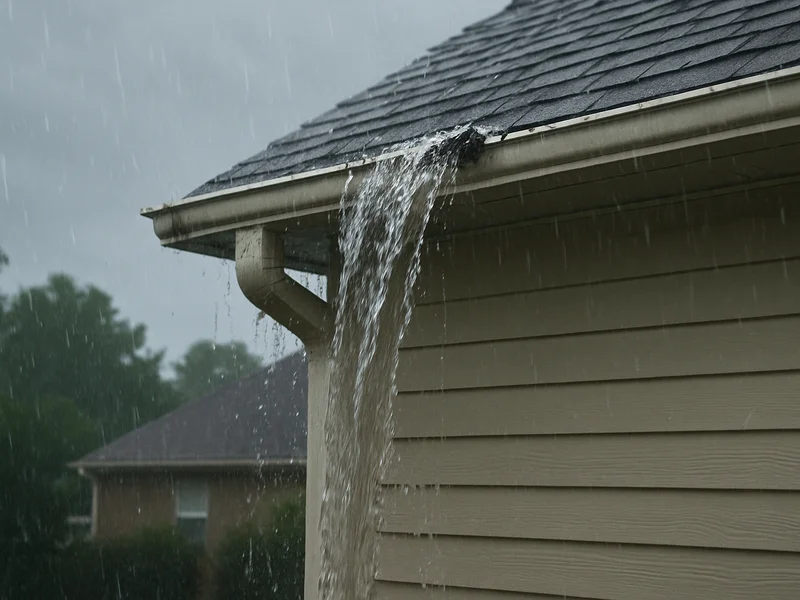 Water overflowing from a clogged gutter down the side of a house