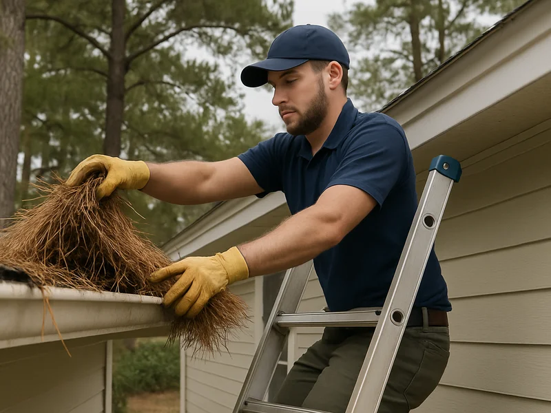 Technician cleaning a gutter on a home in Ozark, AL