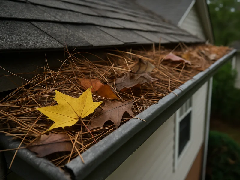 Before: unguarded gutter filling with pine straw