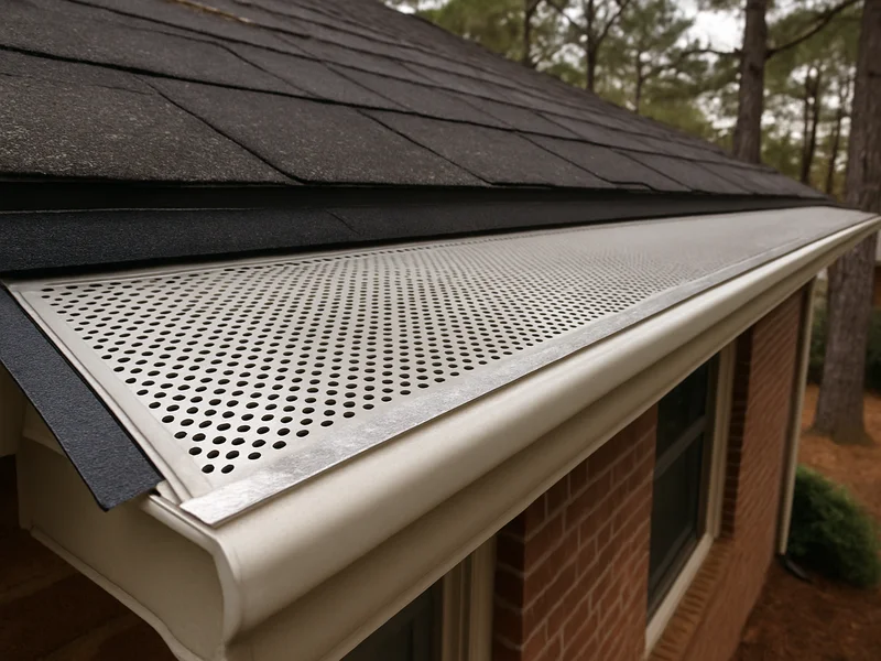 Gutter guard mesh installed under mature pines on a Dothan, AL home