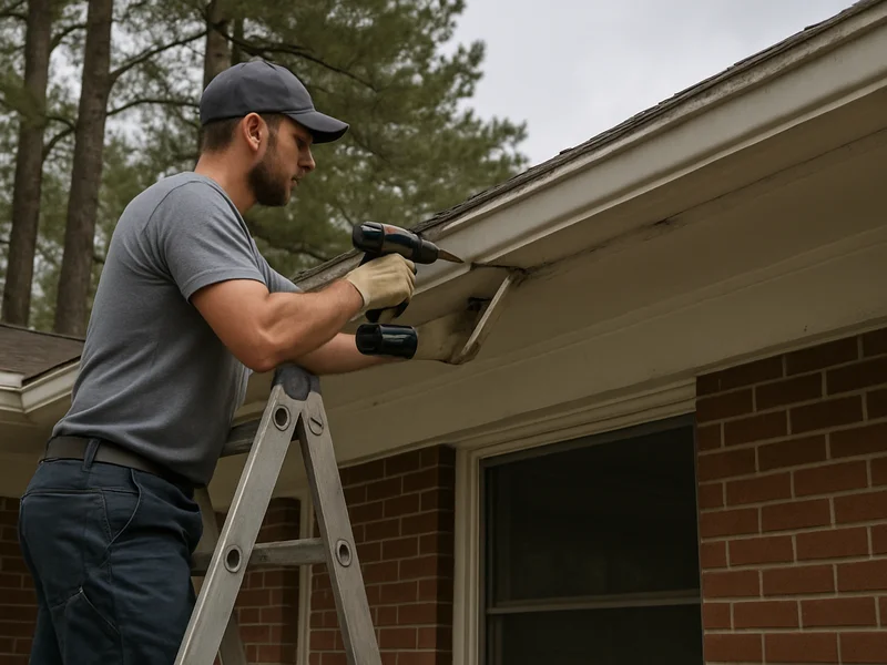 Technician repairing a sagging gutter on a home in Dothan, AL